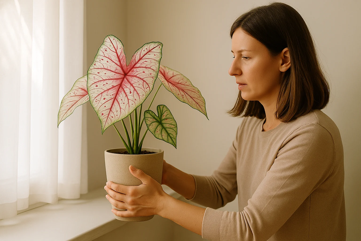 A woman moves a Caladium pot away from the windowsill to protect it from direct sunlight.