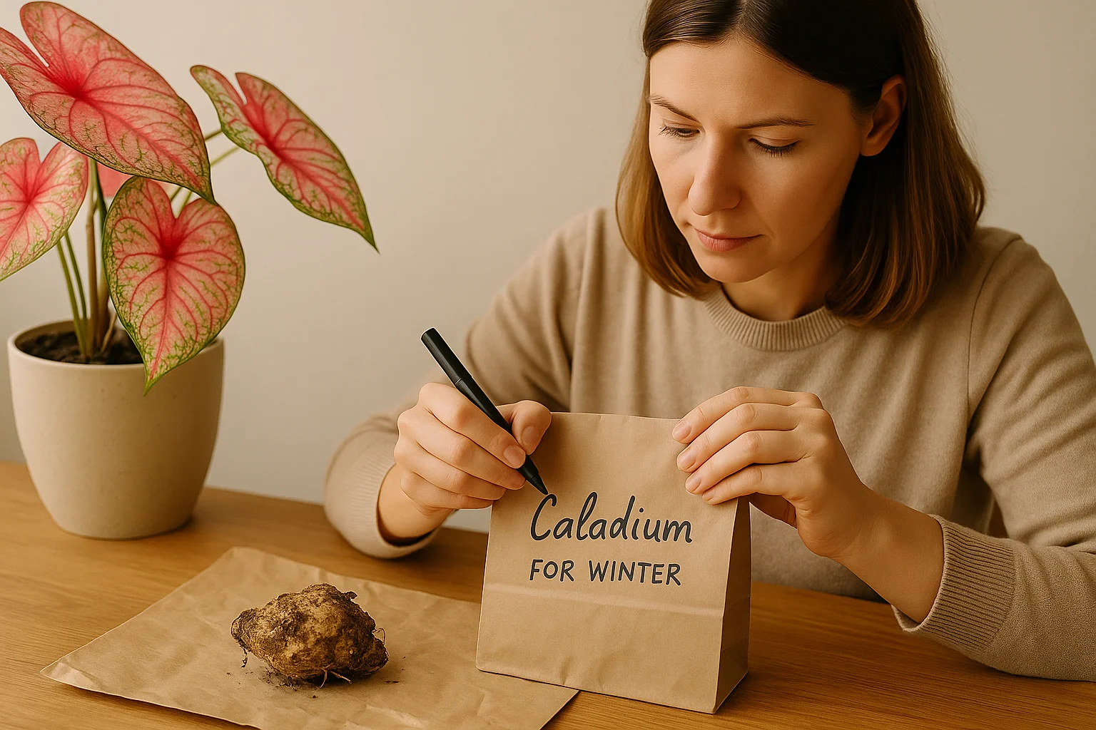 A woman labels a paper bag to store a Caladium tuber during dormancy season.