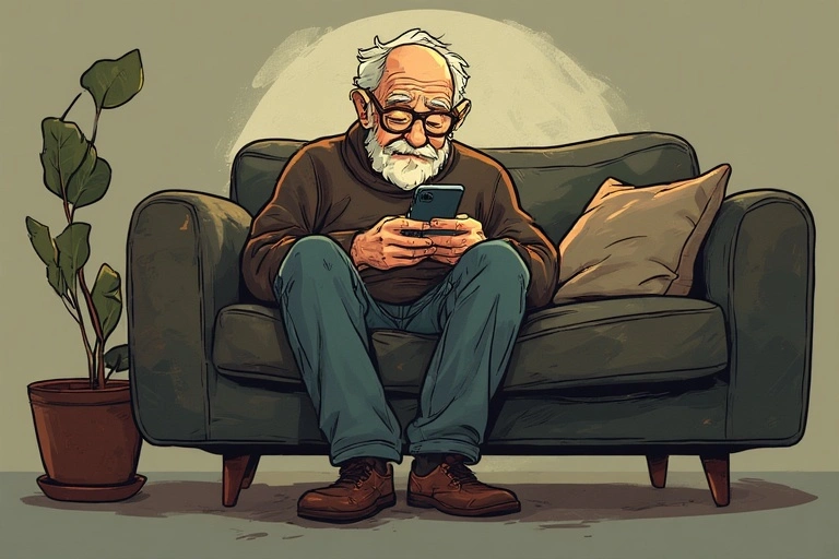 An elderly man is sitting on the couch and looking at his phone