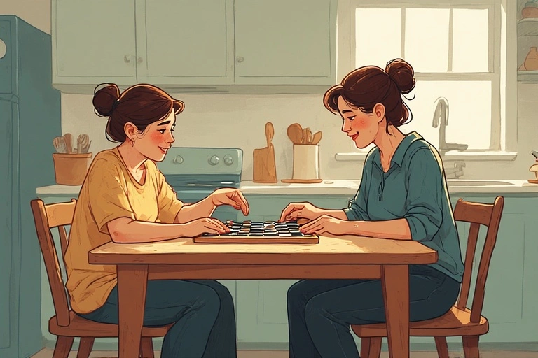 Two grown women are playing checkers in the kitchen